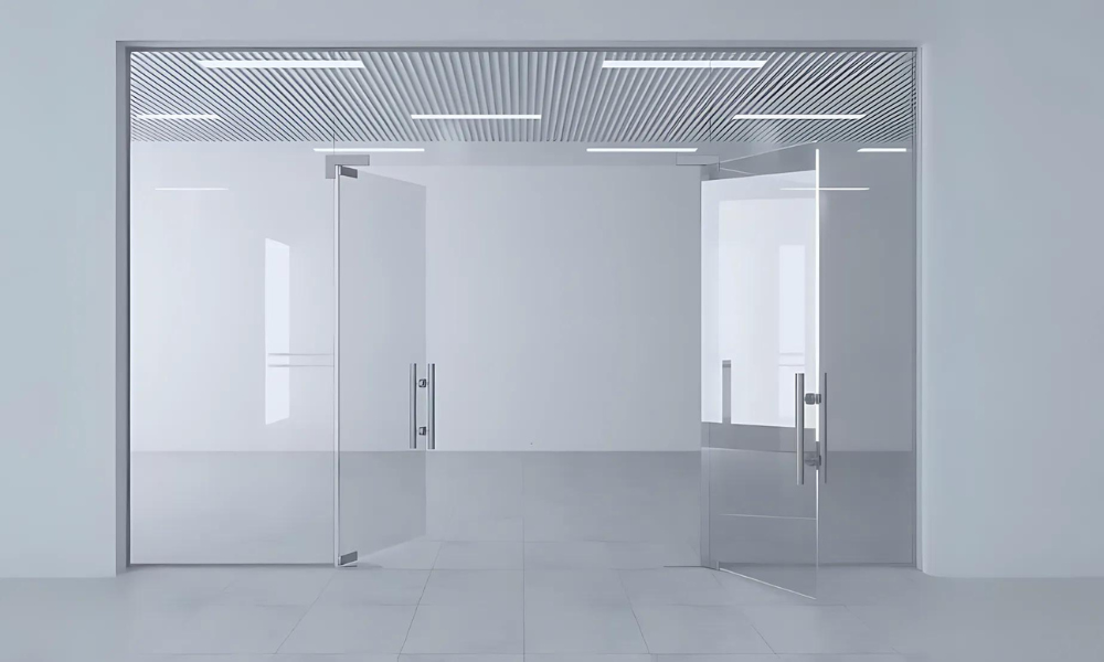 This picture shows a frameless door in a workplace.